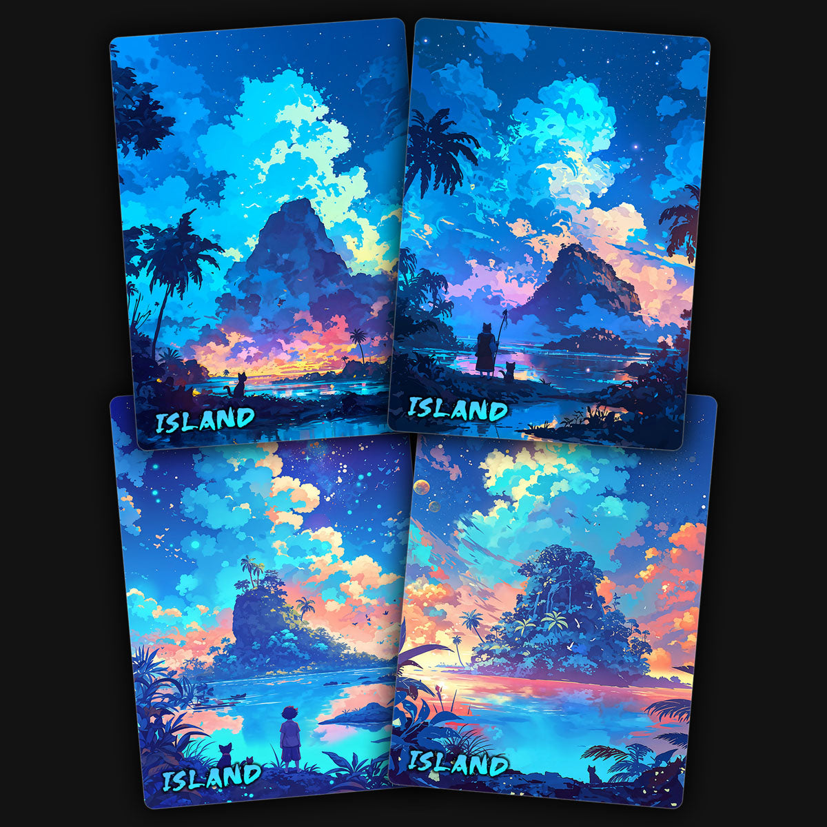 A display of 4 unique magic the gathering mtg proxy basic island land cards.