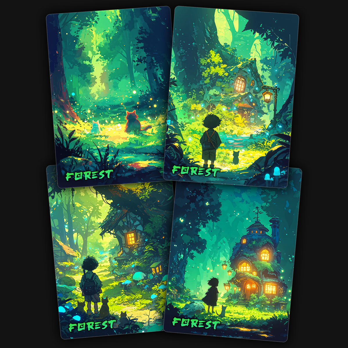 A display of 4 unique magic the gathering mtg proxy basic forest land cards.