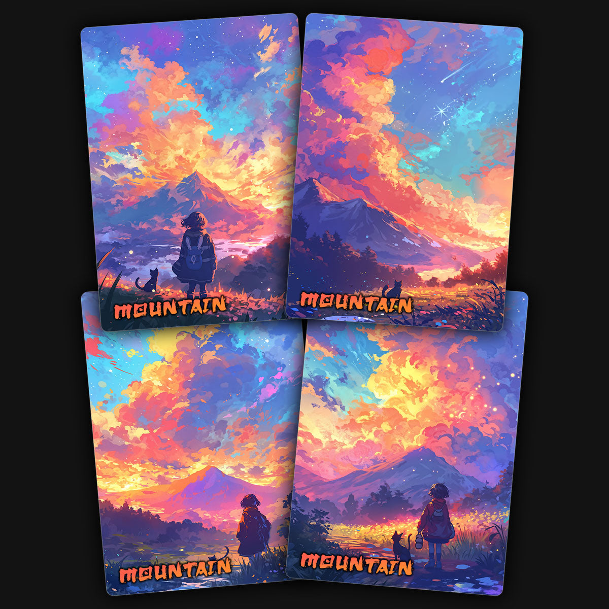 A display of 4 unique magic the gathering mtg proxy basic mountain land cards.