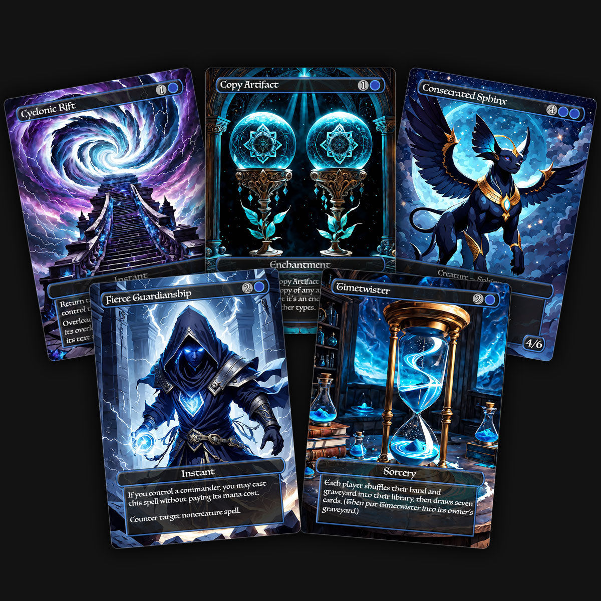 A display of 5 mtg blue staples. magic the gathering proxy cards of cyclonic rift, copy artifact, consecrated sphinx, fierce guardianship, timetwister.