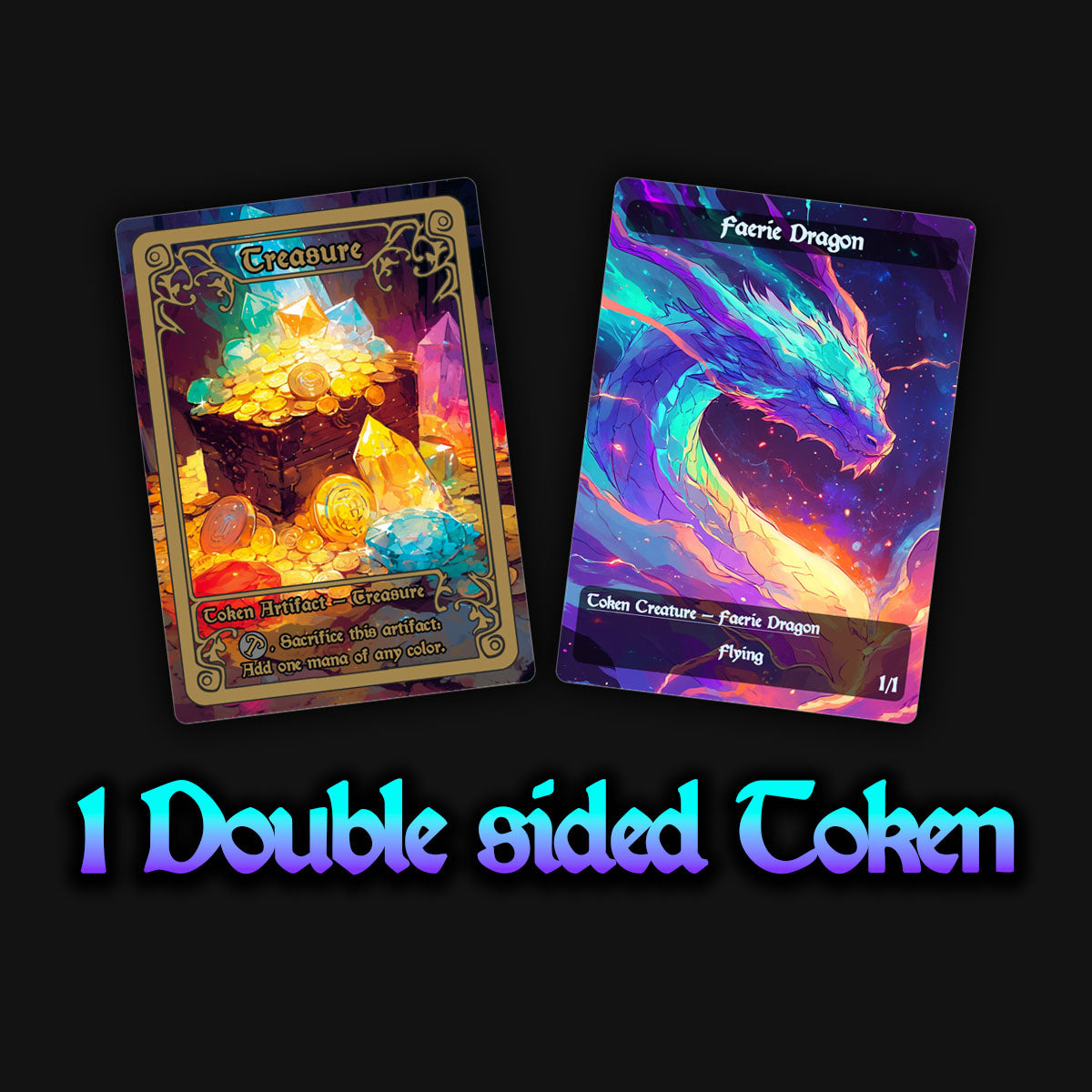 a display of the double sided mtg proxy token, faerie dragon and treasure token.