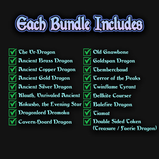 a list of all 18 dragon mtg proxy cards that come in the bundle.
