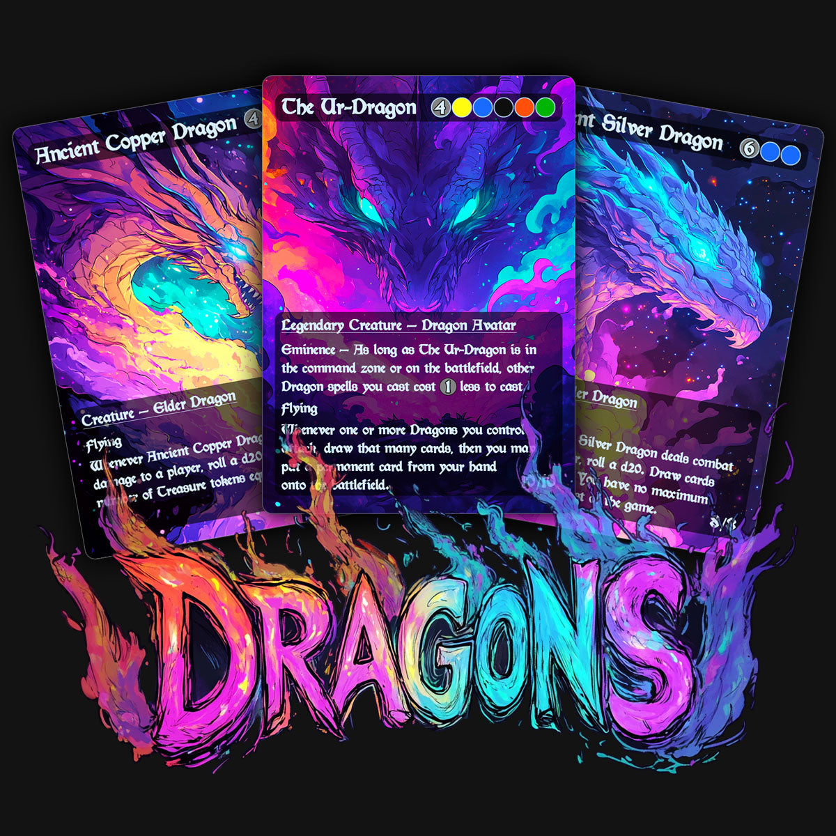 a display of colorful unique dragon mtg proxy cards.