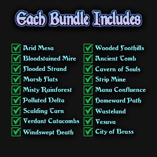 A list of 18 mtg proxy lands you get in the bundle.