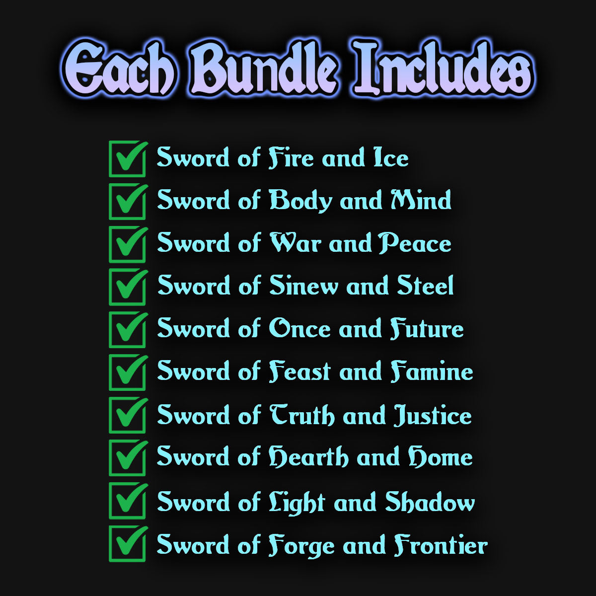 A list of 10 mtg proxy mirran swords that come in the bundle.