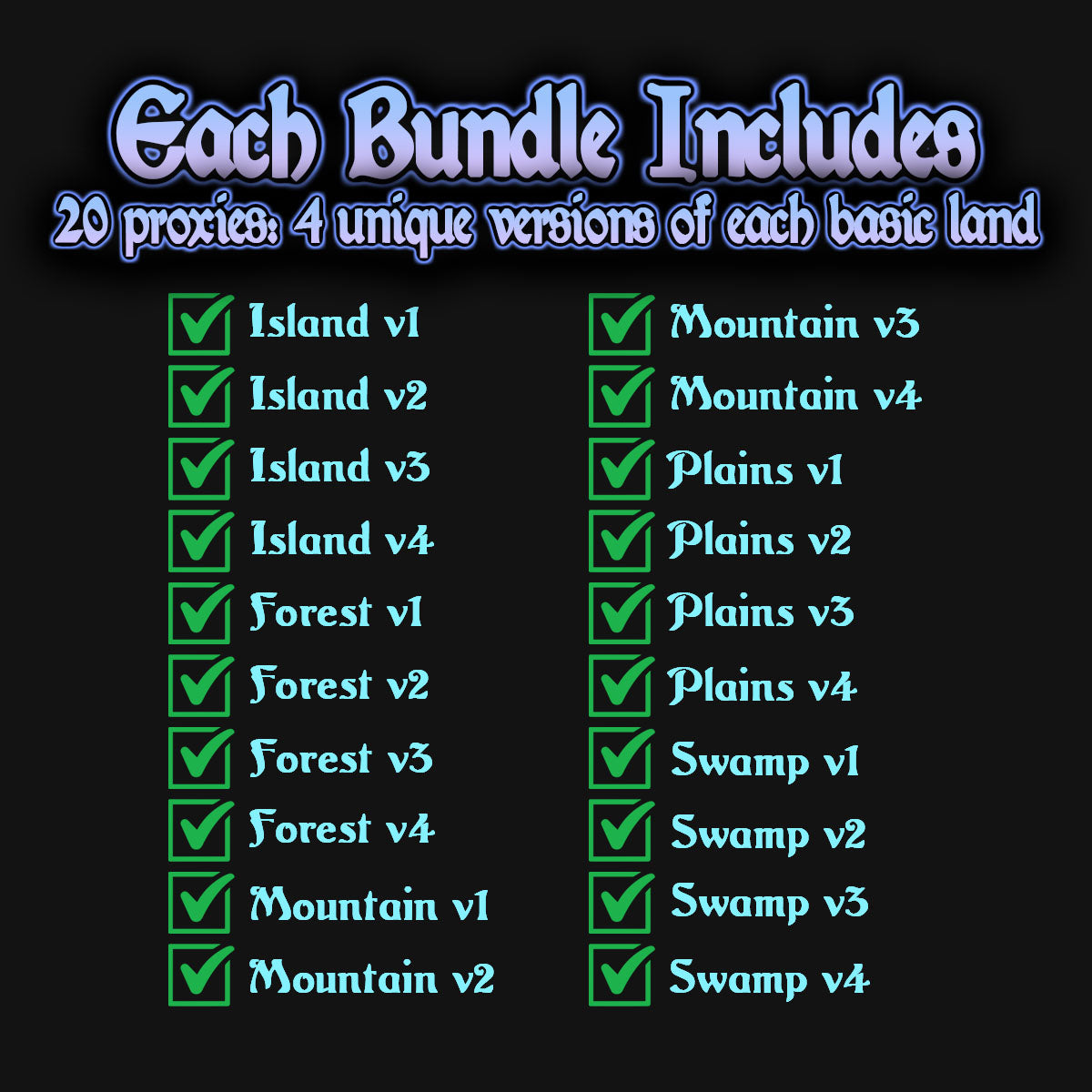 a list of the 20 unique anime style basic land proxy cards included in the bundle.