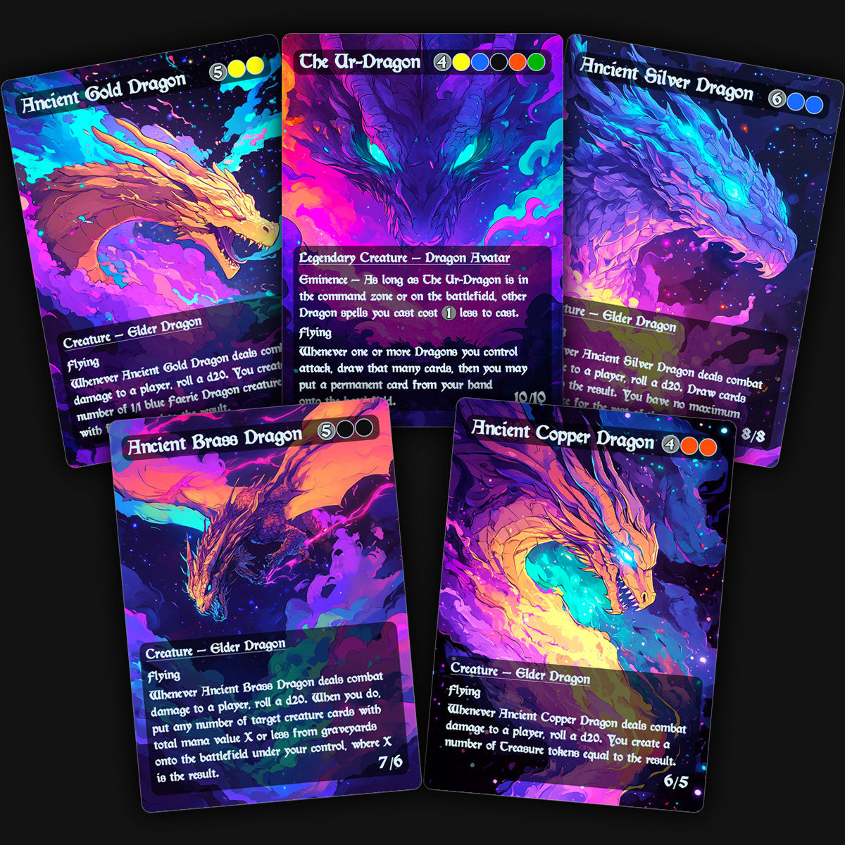 a display of 5 colorful Dragon mtg proxy cards. Ancient gold dragon, the ur dragon, ancient silver dragon, ancient brass dragon, ancient copper dragon.