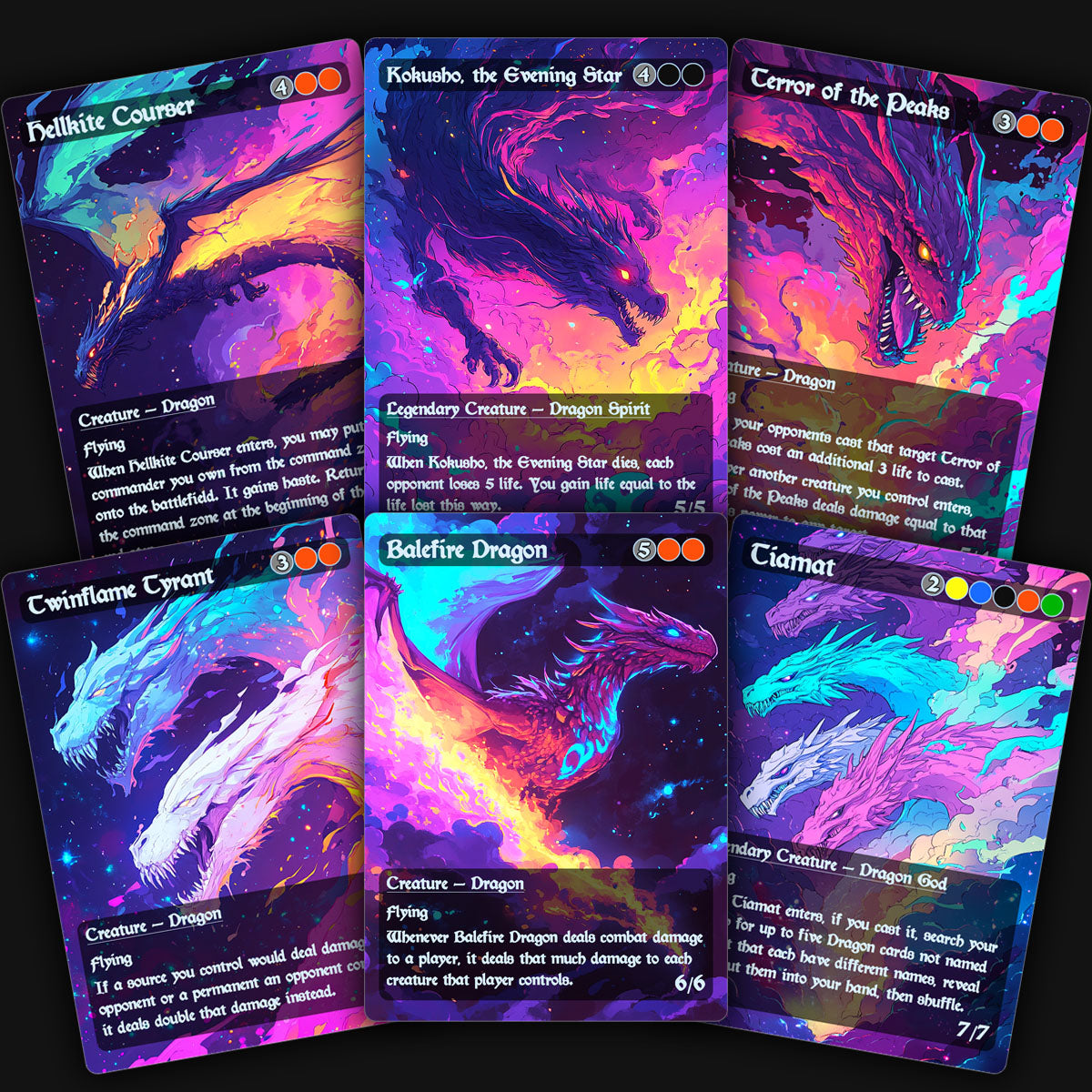 a display of 6 colorful Dragon mtg proxy cards. hellkite courser, kokusho the evening star, terror of the peaks, twinflame tyrant, balefire dragon, tiamat.