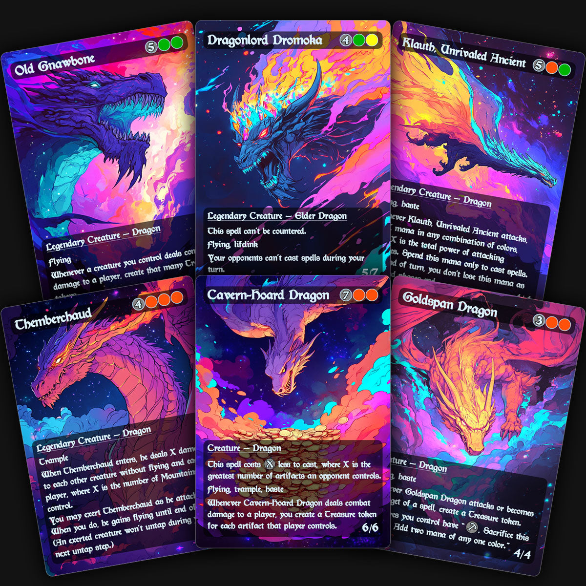 a display of 6 colorful Dragon mtg proxy cards. old gnawbone, dragonlord dromoka, klauth unrivaled ancient, themberchaud, cavern hoard dragon, goldspan dragon.