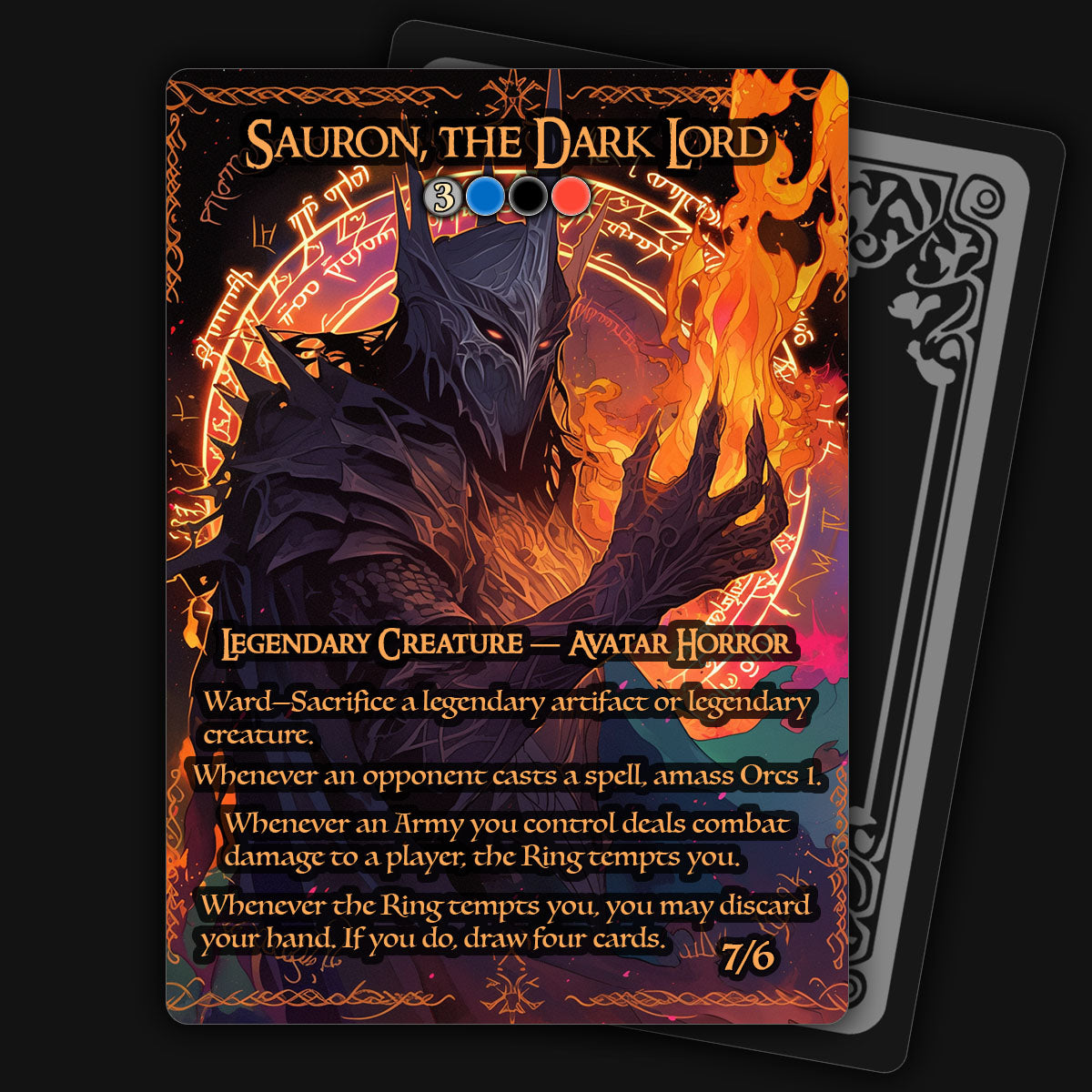 A custom MTG proxy card featuring an illustration of Sauron, the Dark Lord, with a fiery background. The card details include the name, legendary creature/avatar horror, power/toughness, and abilities.