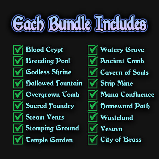 a list of the 18 cards that come in the shock land proxy bundle. 10 classic shock lands and 8 bonus utility lands.