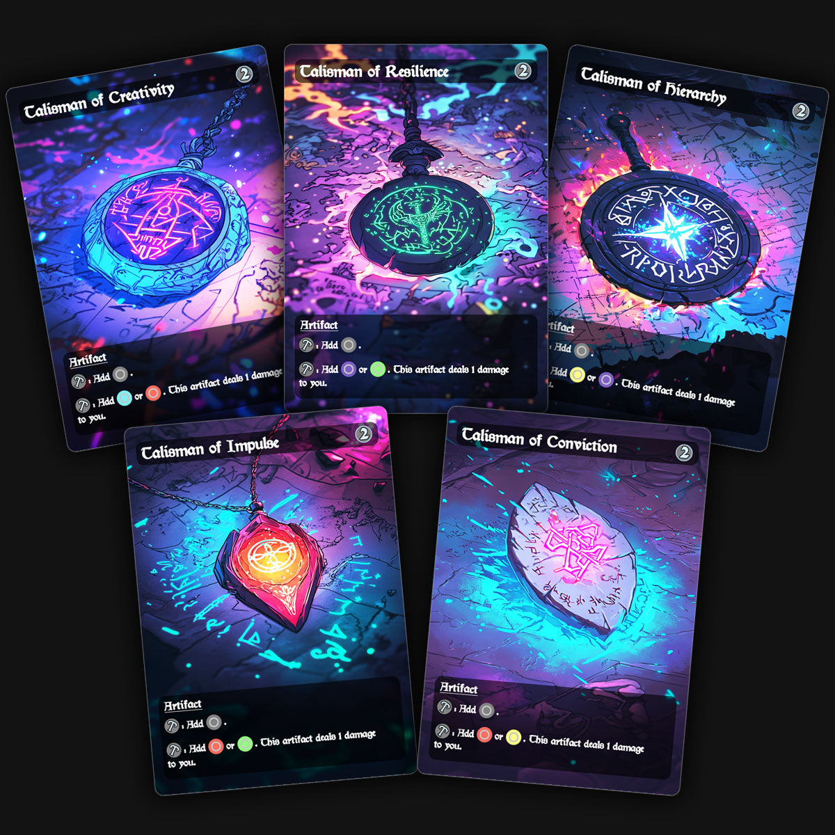 a display of 5 custom talisman mtg proxy cards. talisman of creativity, talisman of resilience, talisman of hierarchy, talisman of impulse, talisman of conviction.