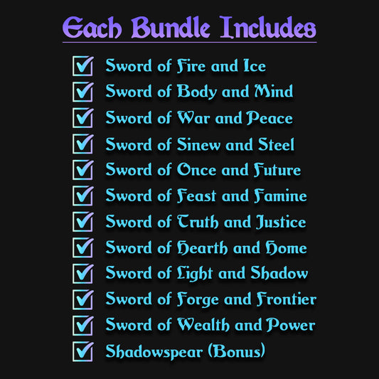 A list of the 12 Mirran sword proxy cards included in the bundle.