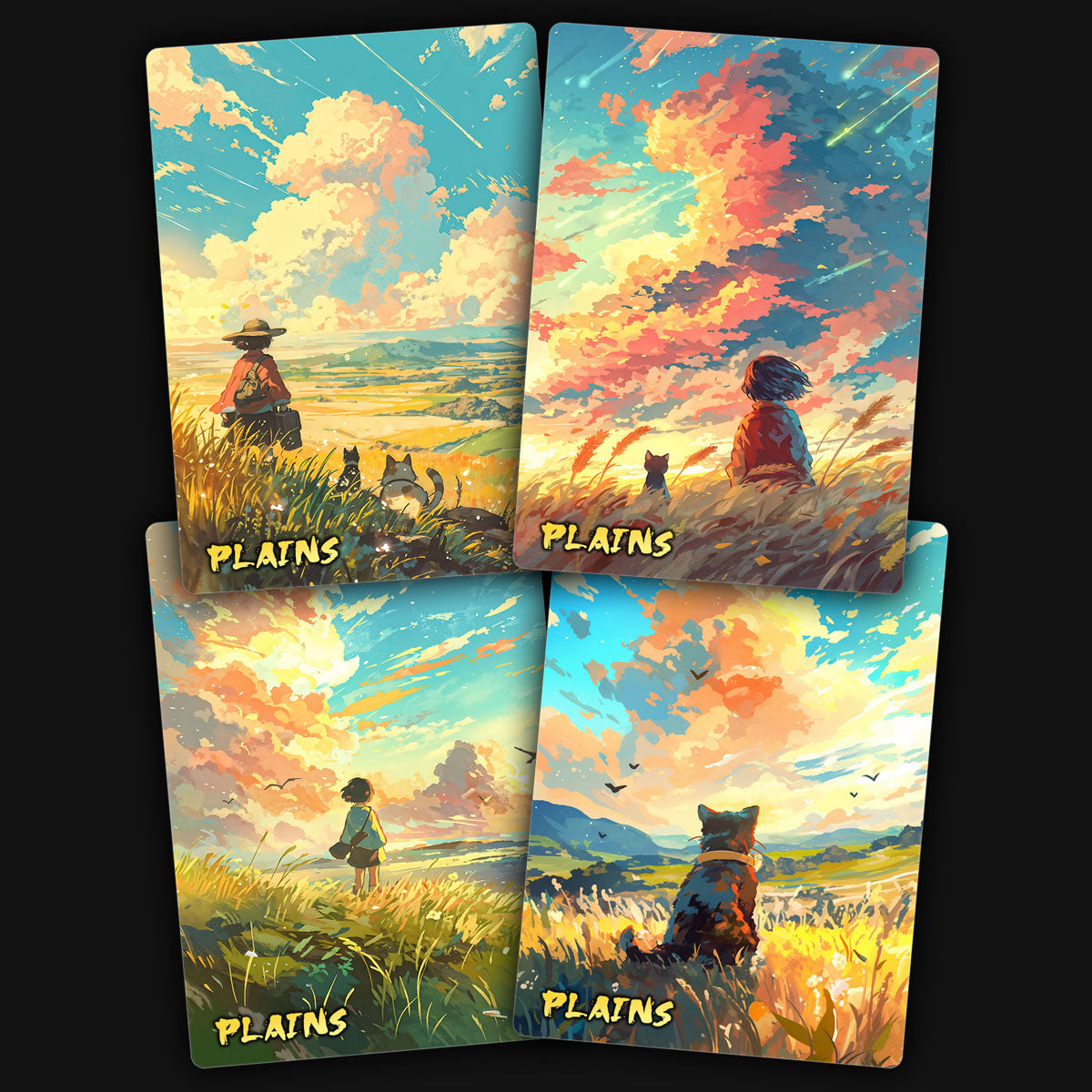 A display of 4 unique magic the gathering mtg proxy basic plains land cards. 