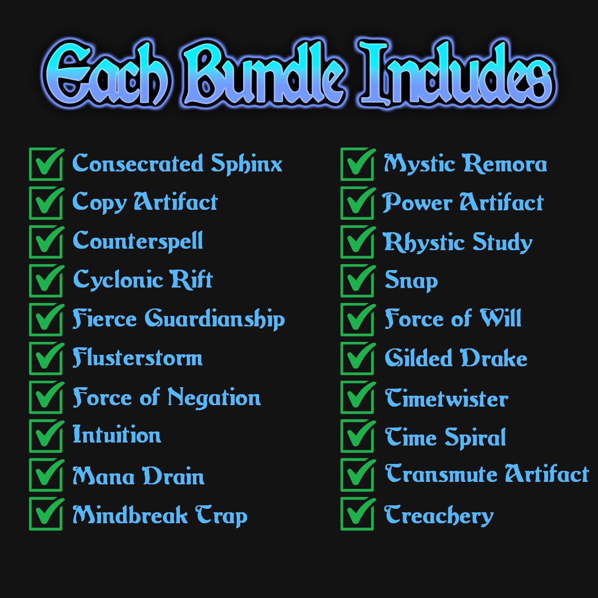 A list of the 20 mtg proxy blue staples cards that come in the bundle. 