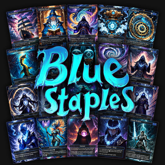 A Display of 20 mtg proxy blue staples that come in the bundle. 