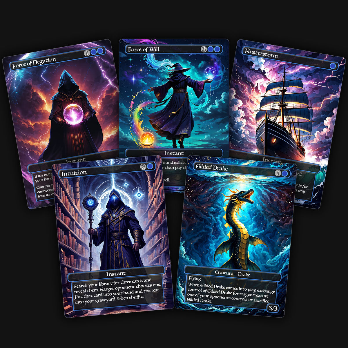 A display of 5 mtg blue staples. magic the gathering proxy cards of force of negation, force of will, flusterstorm, intuition, gilded drake. 