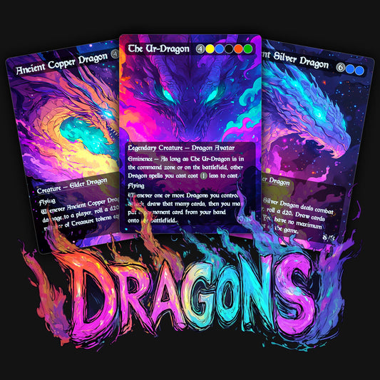 a display of colorful unique dragon mtg proxy cards. 