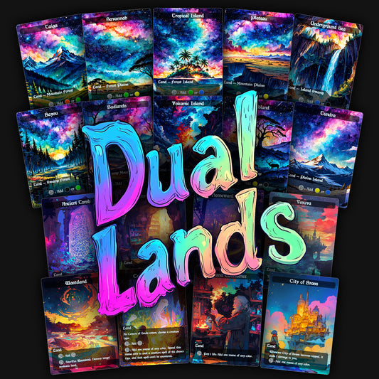 A collection of 18 premium MTG proxy lands featuring a colorful dual lands proxy bundle. 