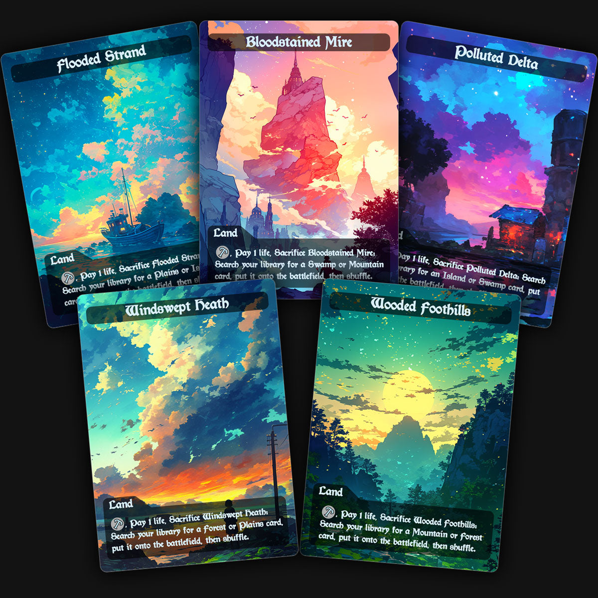a display of 5 colorful mtg fetch lands proxy cards. Flooded strand, bloodstained mire, polluted delta, windswept heath, wooded foothills.