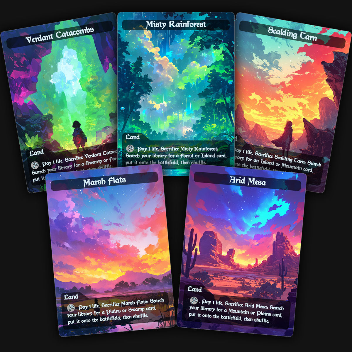 a display of 5 colorful mtg fetch lands proxy cards. verdant catacombs, misty rainforest, scalding tarn, marsh flats, arid mesa.