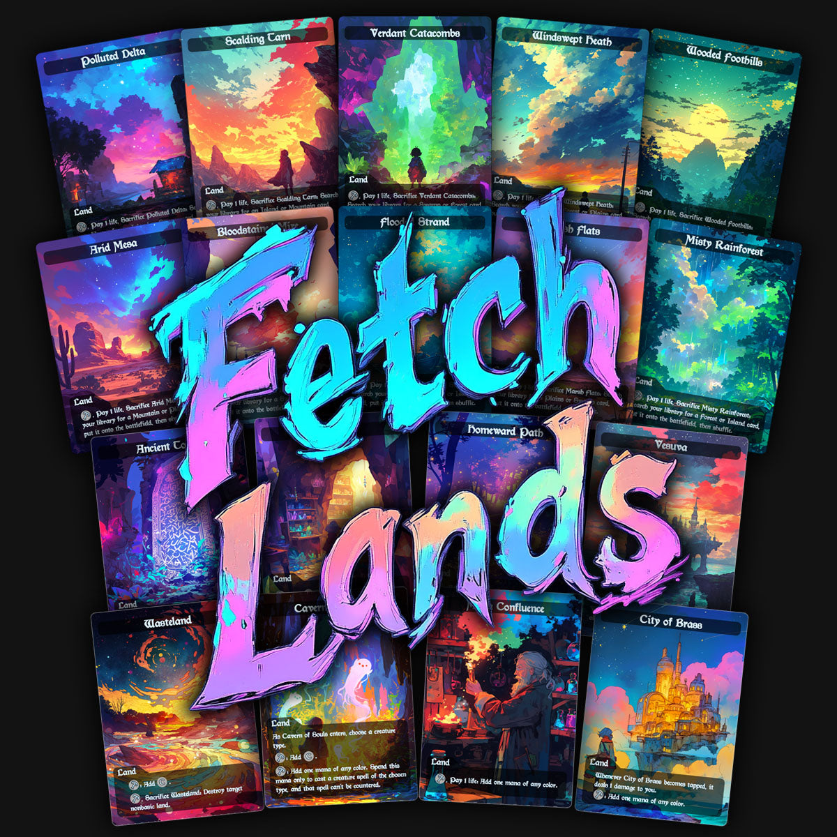 A collection of 18 premium MTG proxy lands featuring a colorful fetch lands proxy bundle. 
