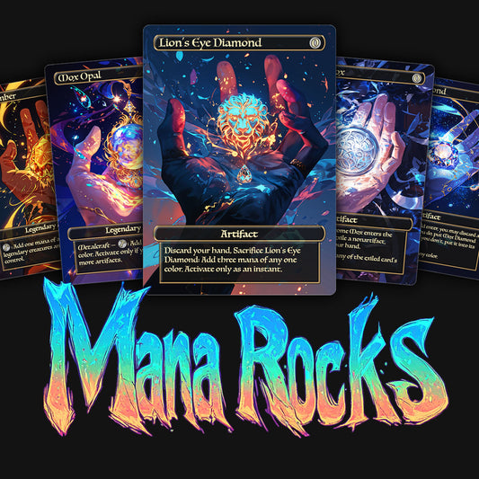 A collection of premium MTG proxy cards featuring various magical and legendary artifacts, with vibrant artwork on each card.