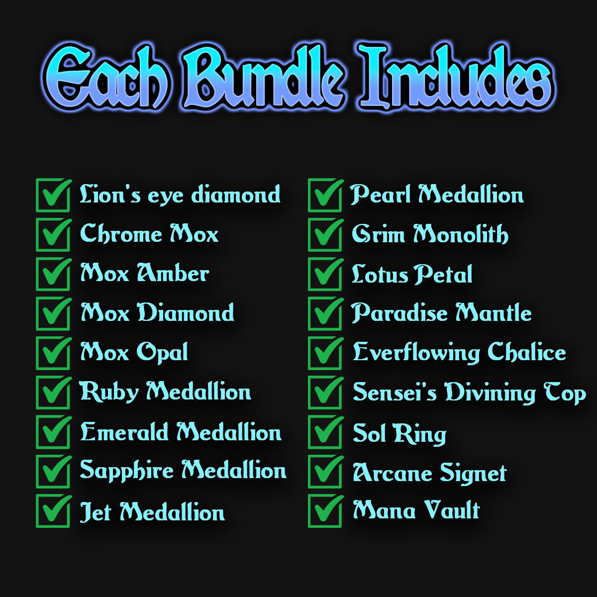 A list of 18 mana rocks mtg proxies that come in the bundle. 