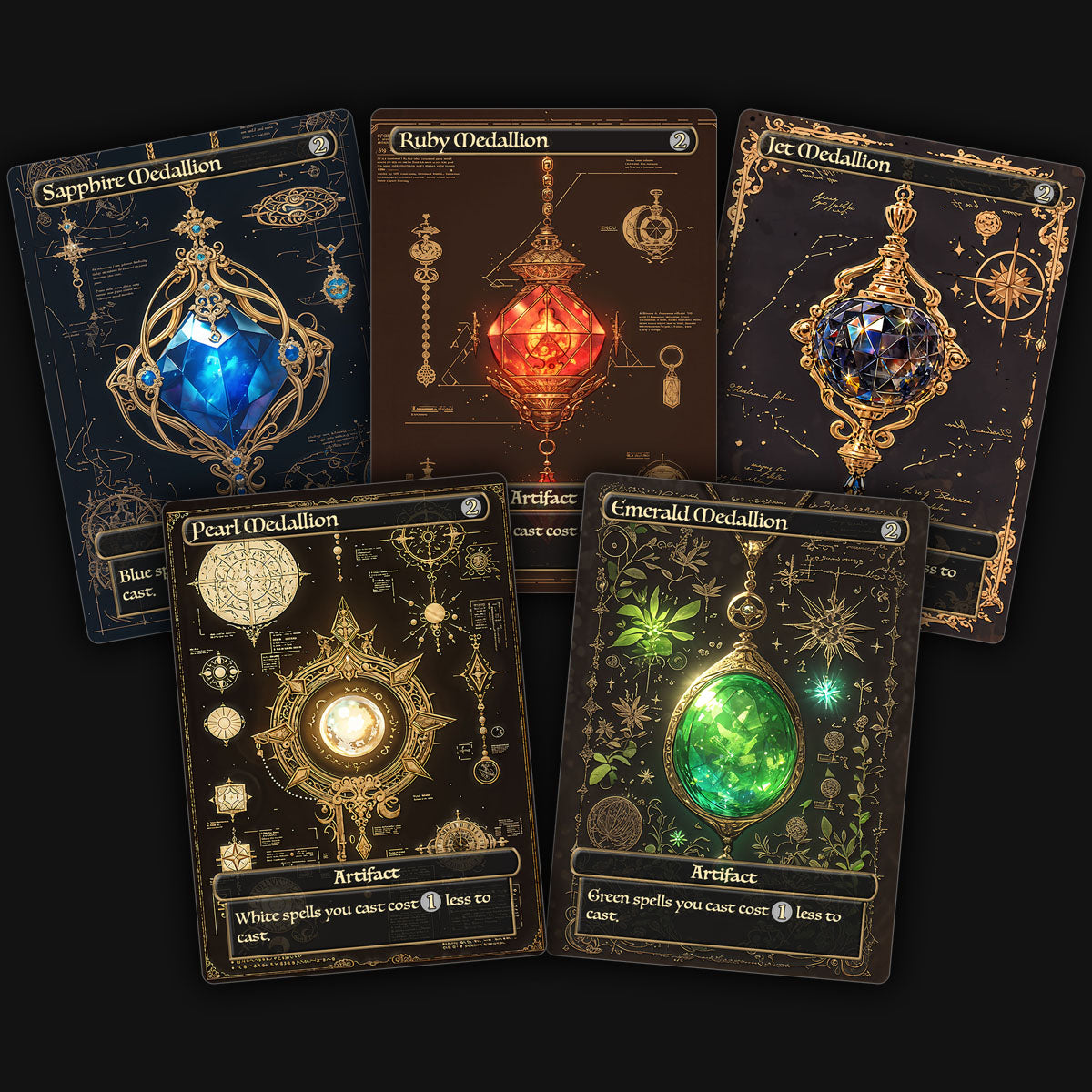 A display of 5 colorful and unique mtg medallion artifact proxy cards. Sapphire medallion, ruby medallion, jet medallion, pearl medallion, emerald medallion.