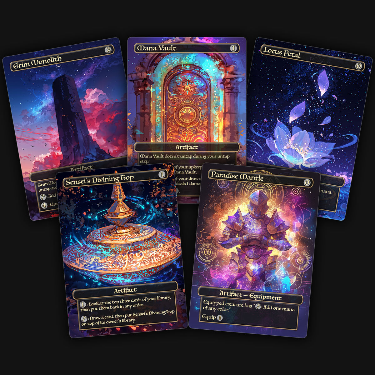 A display of 5 colorful and unique mtg proxy mana rocks. Grim monolith, mana vault, lotus petal, sensei's divining top, paradise mantle. 