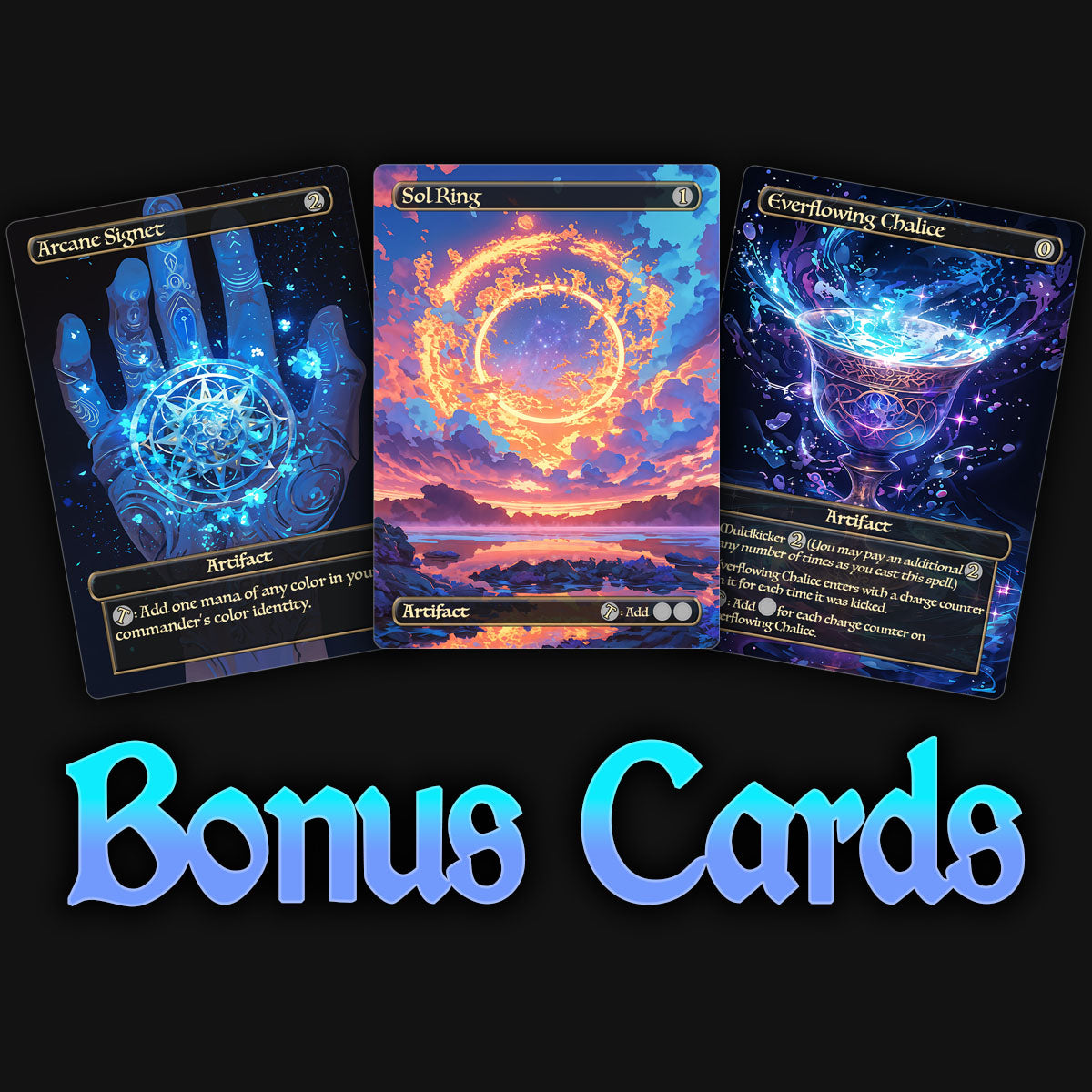 A display of 3 colorful and unique mtg proxy mana rocks bonus cards. Arcane signet, sol ring, everflowing chalice.