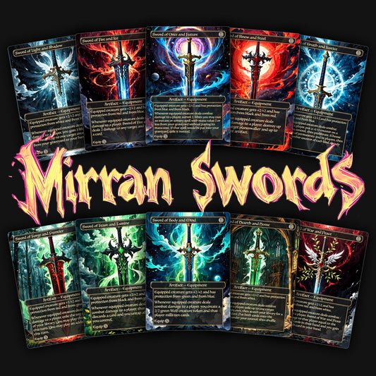 A collection of 10 premium MTG proxy cards featuring various designs of Mirran Swords, each card with different attributes and artwork.