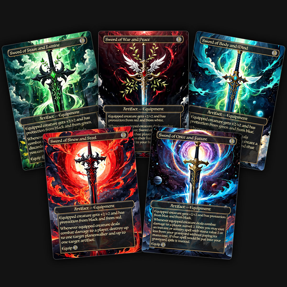 A display of 5 Mirran swords mtg proxy cards. Sword of feast and famine, Sword of war and peace, Sword of body and mind, Sword of sinew and steel. Sword of once and future. 