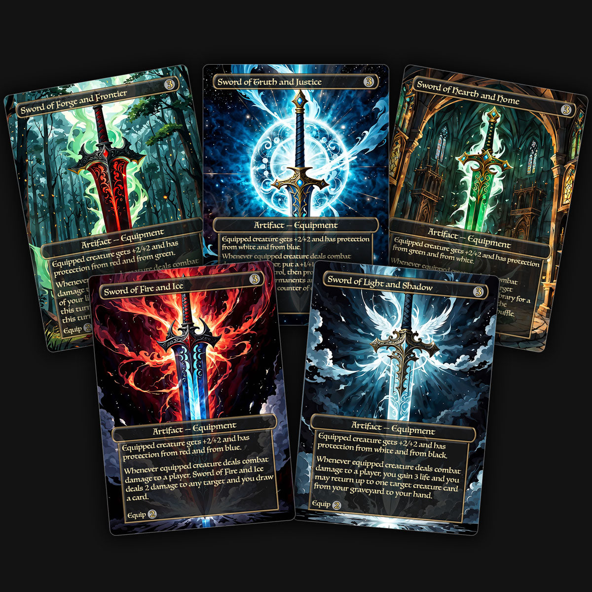 A display of 5 Mirran swords mtg proxy cards. Sword of forge and frontier, Sword of truth and justice, Sword of hearth and home, Sword of fire and ice, Sword of light and shadow.