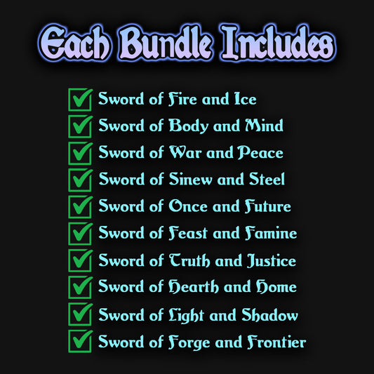A list of 10 mtg proxy mirran swords that come in the bundle.