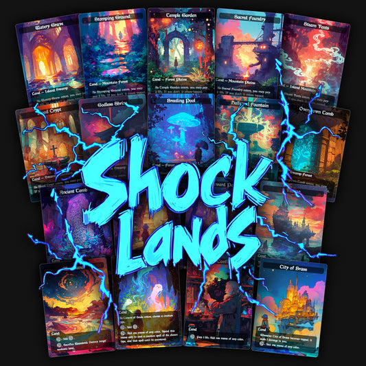 A collection of 18 premium MTG proxy cards featuring various fantasy landscapes and card names such as 'Blood Crypt', 'Breeding Pool', 'Godless Shrine', 'Hallowed Fountain', 'Overgrown Tomb', 'Sacred Foundry', 'Steam Vents', 'Stomping Ground', 'Temple Garden', 'Watery Grave', 'Ancient Tomb', 'Cavern of Souls', ' Strip Mine', 'Mana Confluence', 'Homeward Path', 'Wasteland', 'Vesuva', and 'City of Brass'. The cards have a vibrant design with elements of fantasy.