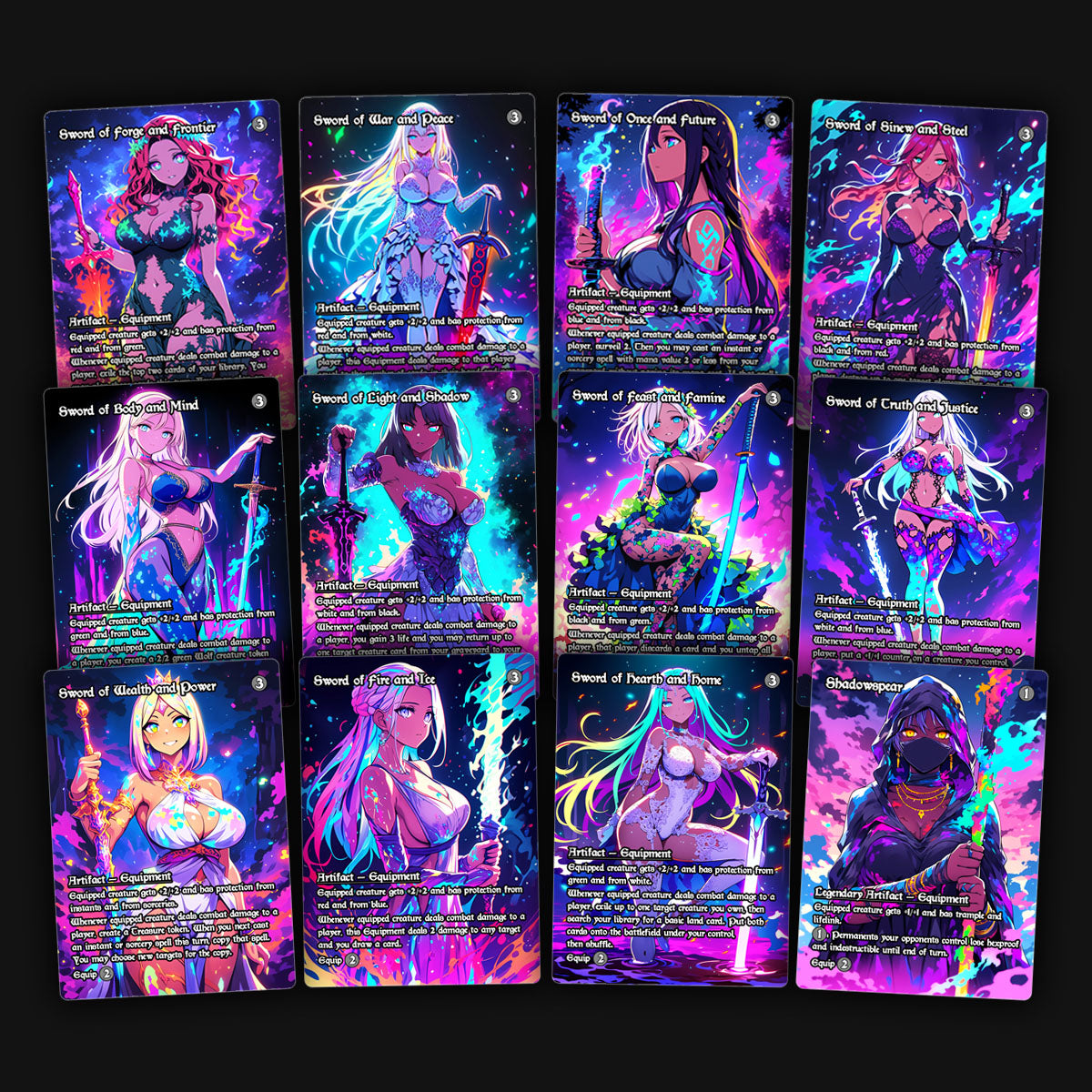 Collection of colorful Mirran swords MTG Proxy cards featuring anime women characters with a borderless design.