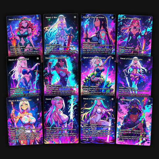 Collection of colorful Mirran swords MTG Proxy cards featuring anime women characters with a borderless design.