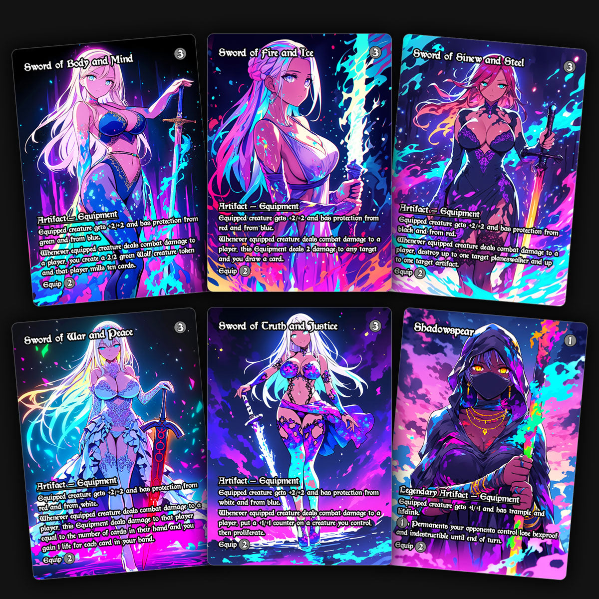 A colorful set of waifu mirran sword proxy cards, sword of  body and mind, sword of fire and ice, sword of sinew and steel, sword of war and peace, sword of truth and justice, shadowspear.