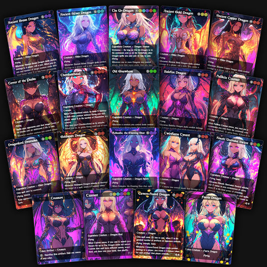 A display of 18 waifu dragon mtg proxy card bundle. 