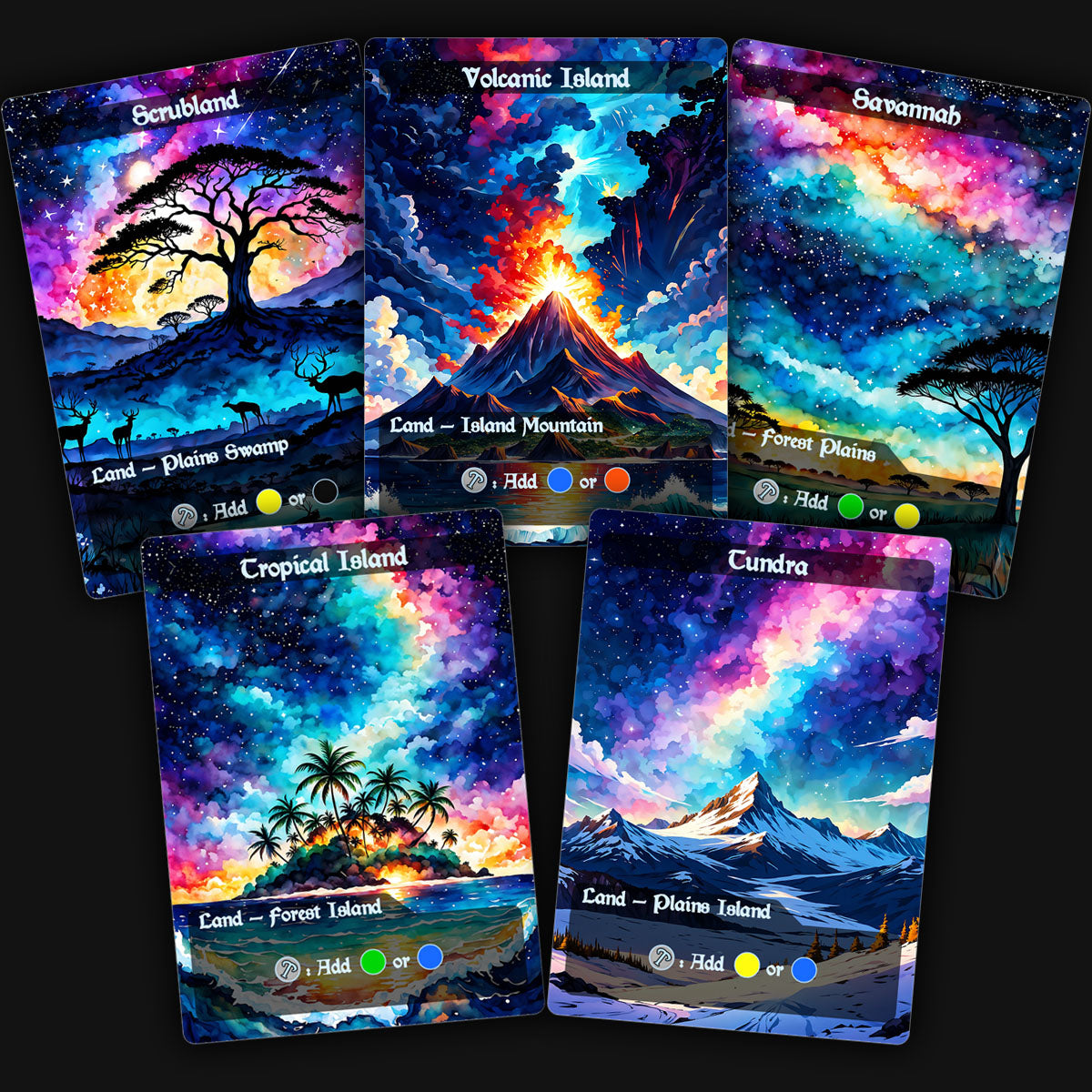 a display of 5 colorful mtg dual lands proxy cards. scrubland, volcanic island, savannah, tropical island, tundra.