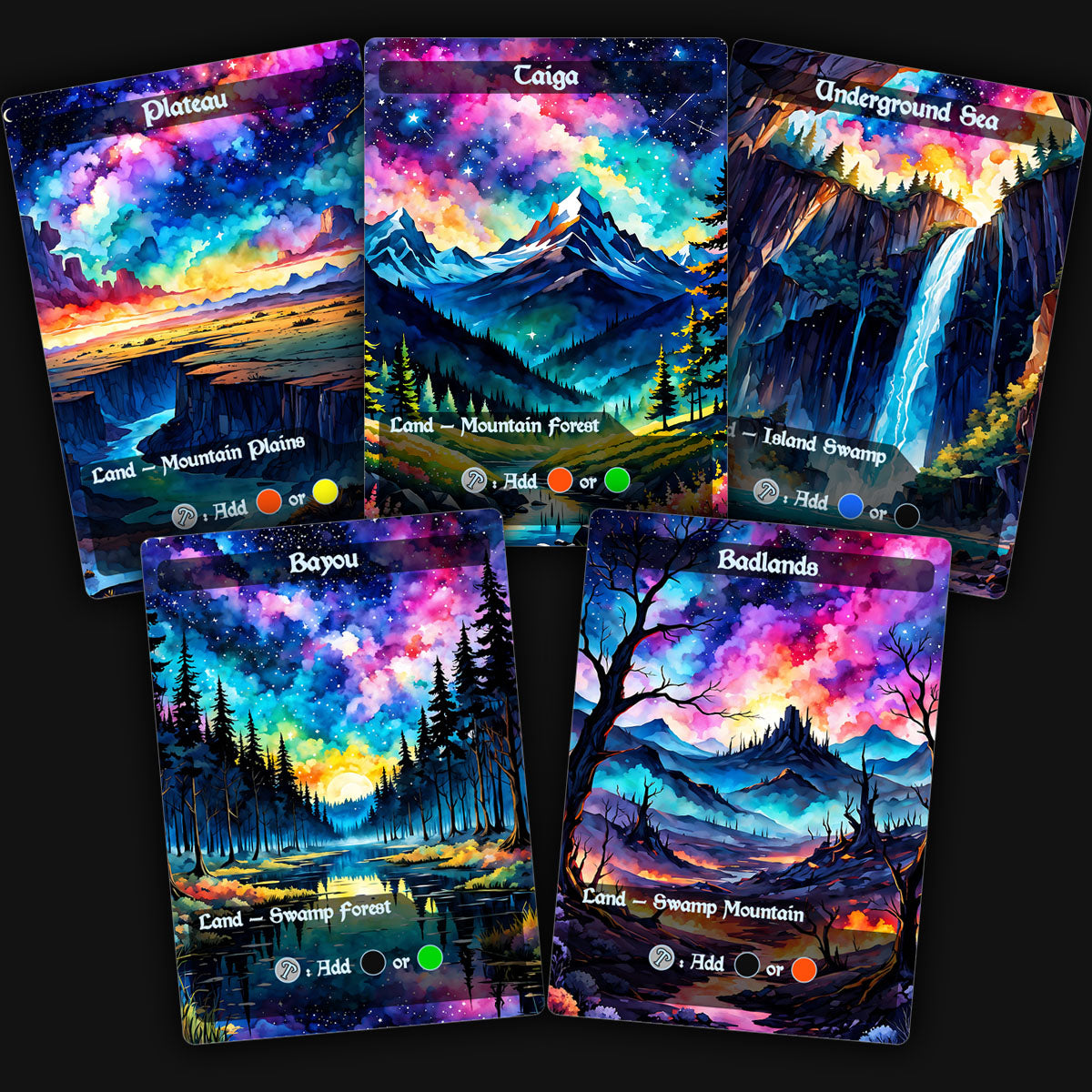 a display of 5 colorful mtg dual lands proxy cards. Plateau, taiga, underground sea, bayou, badlands.