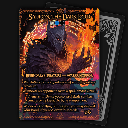 A custom MTG proxy card featuring an illustration of Sauron, the Dark Lord, with a fiery background. The card details include the name, legendary creature/avatar horror, power/toughness, and abilities.