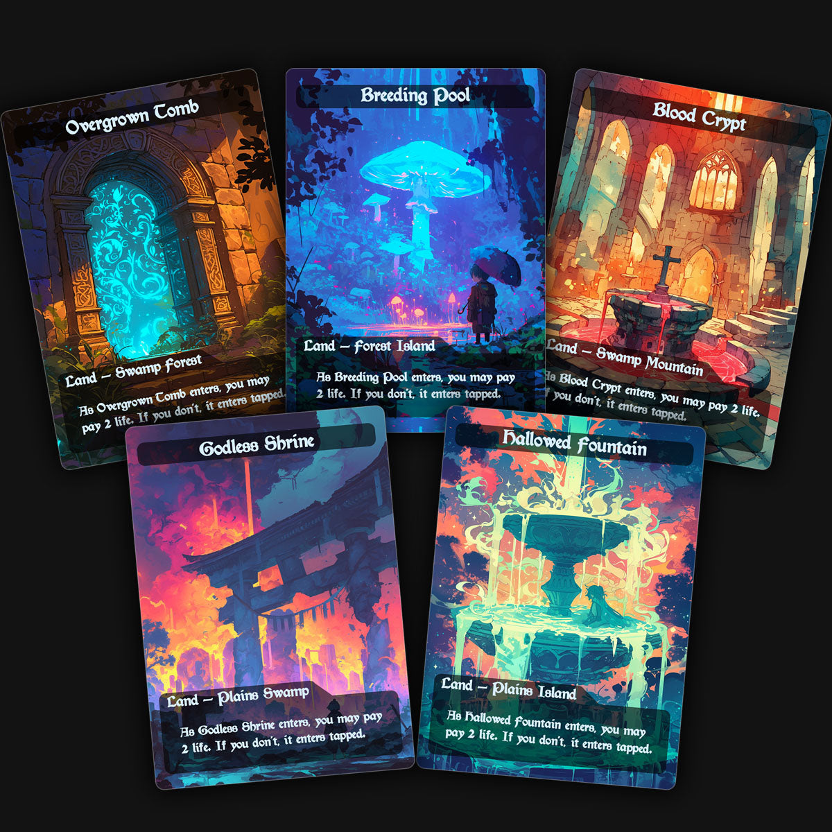 a display of 5 colorful shock land mtg proxy cards. overgrown tomb, breeding pool, blood crypt, godless shrine, hallowed fountain. 