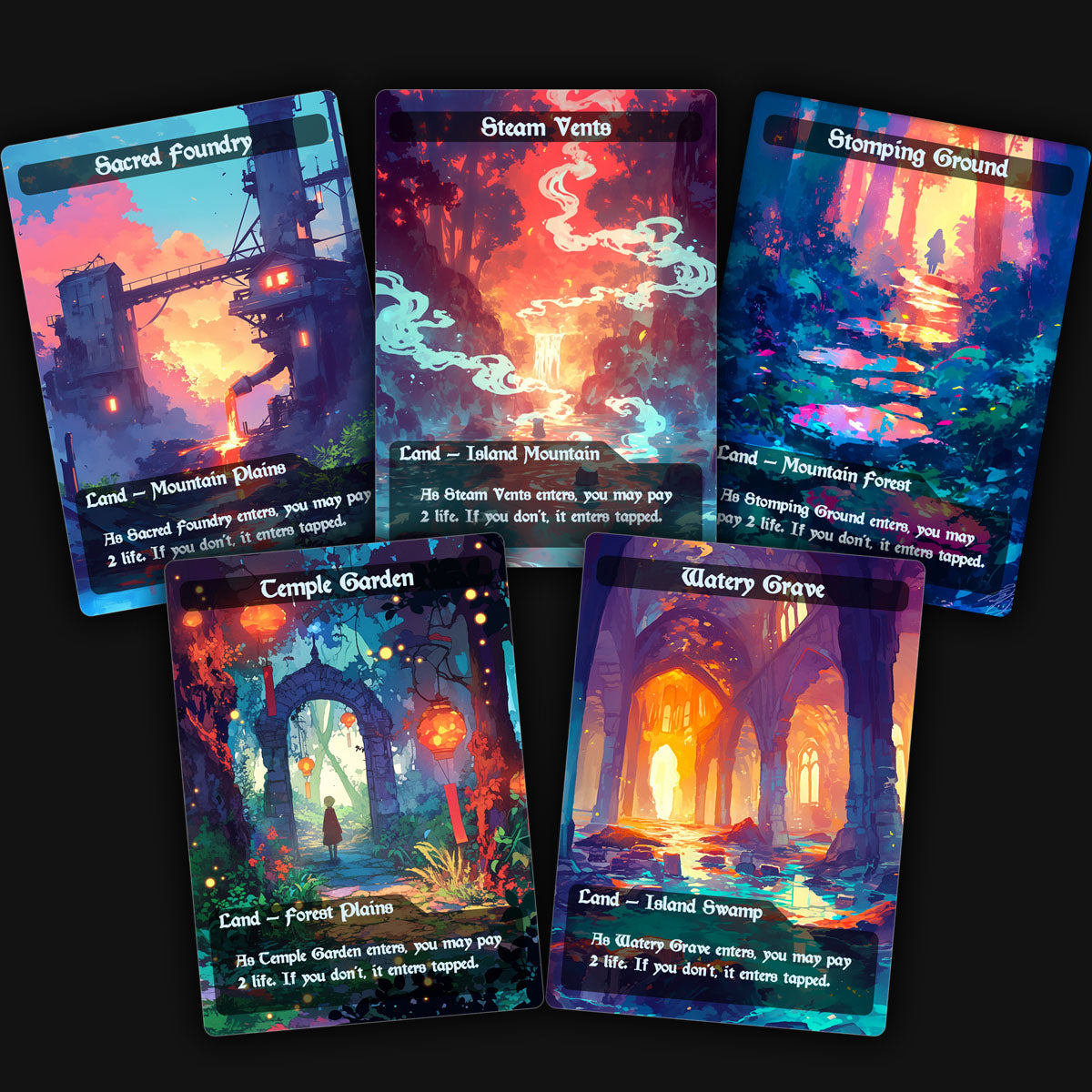 a display of 5 colorful shock land mtg proxy cards. sacred foundry, steam vents, stomping ground, temple garden, watery grave. 