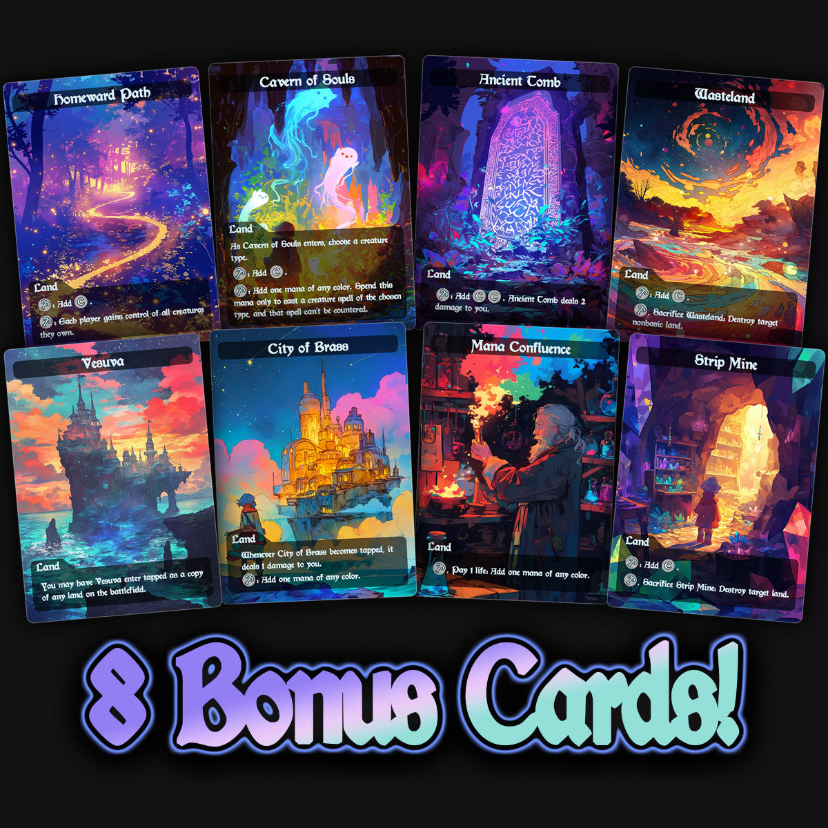 a display of 8 colorful utility land mtg proxy cards. homeward path, cavern of souls, ancient tomb, wasteland, vesuva, city of brass, mana confluence, strip mine.