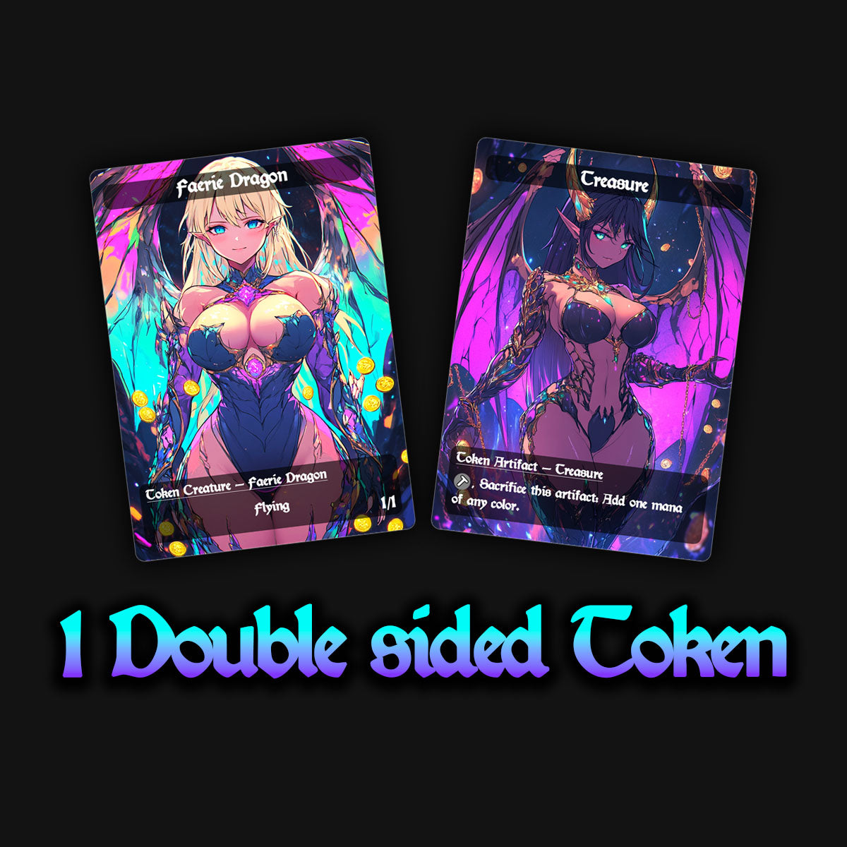 a display of a colorful waifu double sided mtg proxy token, faerie dragon, treasure token. 