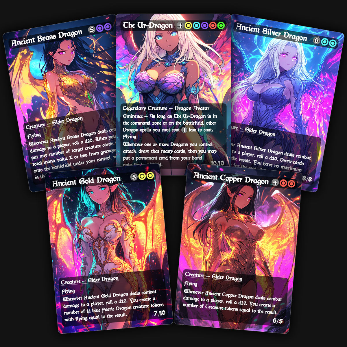 a display of 5 colorful waifu dragon mtg proxy cards. ancient brass dragon, the ur dragon, ancient silver dragon, ancient gold dragon, ancient copper dragon.