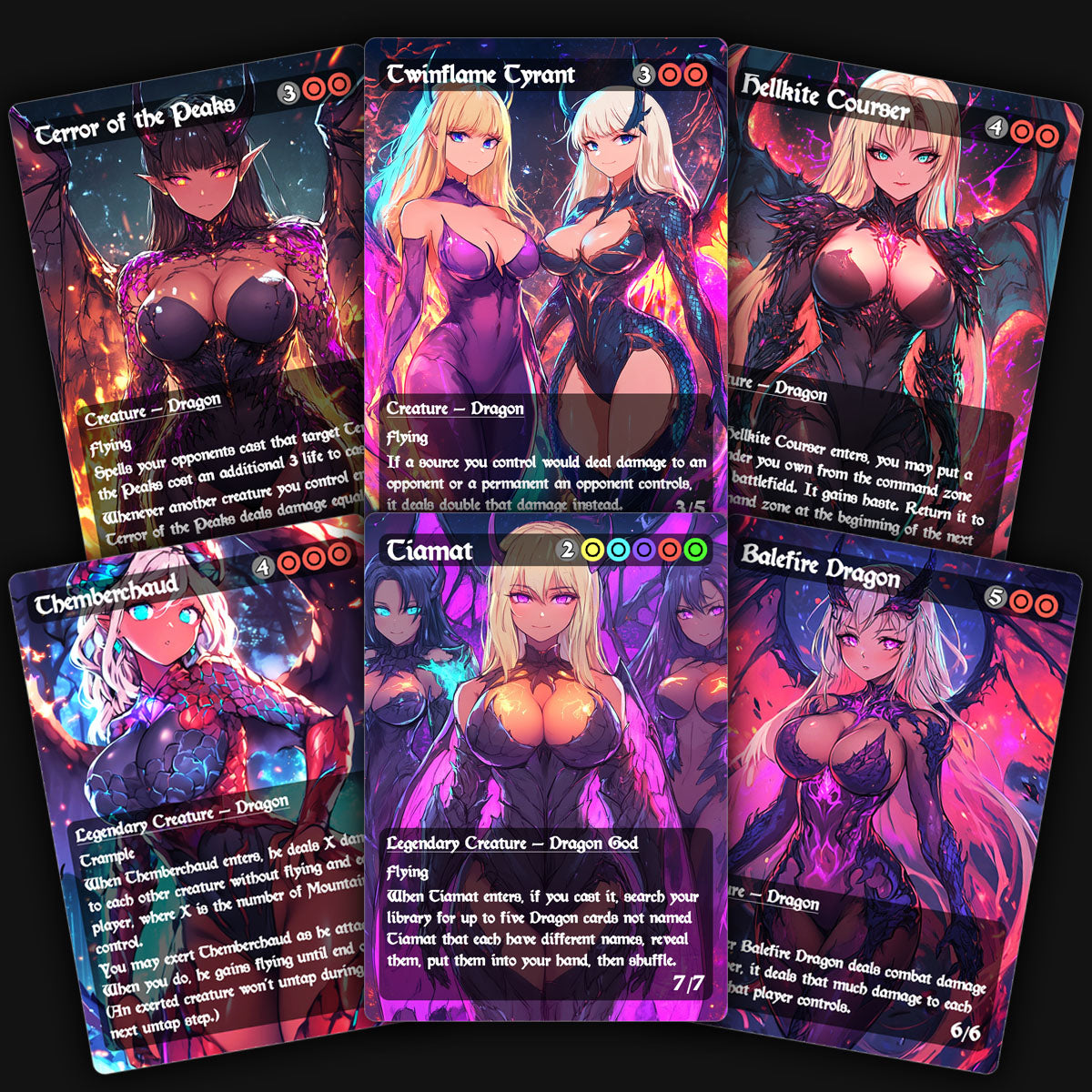 a display of 5 colorful waifu dragon mtg proxy cards. terror of the peaks, hellkite courser, themberchaud, tiamat, balefire dragon. 