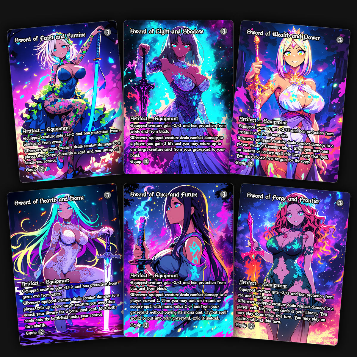 A colorful set of waifu mirran sword proxy cards, sword of feast and famine, sword of light and shadow, sword of wealth and power, sword of hearth and home, sword of once and future, sword of forge and frontier.